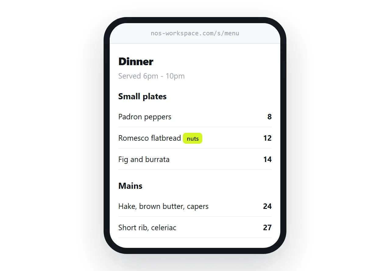A menu on a phone. Courses as sections, dish names and prices in one readable column.