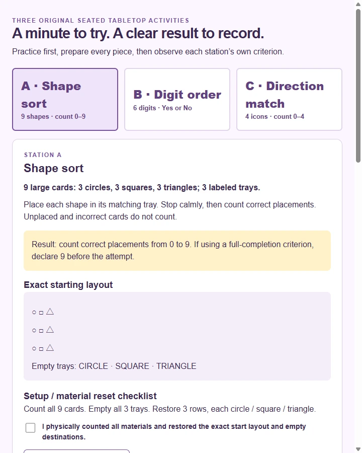 Tabletop Challenge Stations — Create station directions, setup/reset checklists and attempt records for short tabletop challenges without turning a generic timer into…