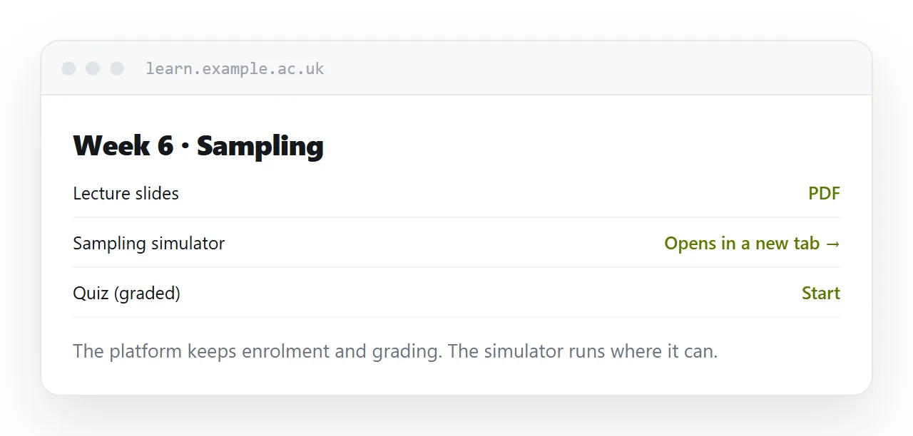 A course page with a link out to an interactive activity that opens in its own tab.