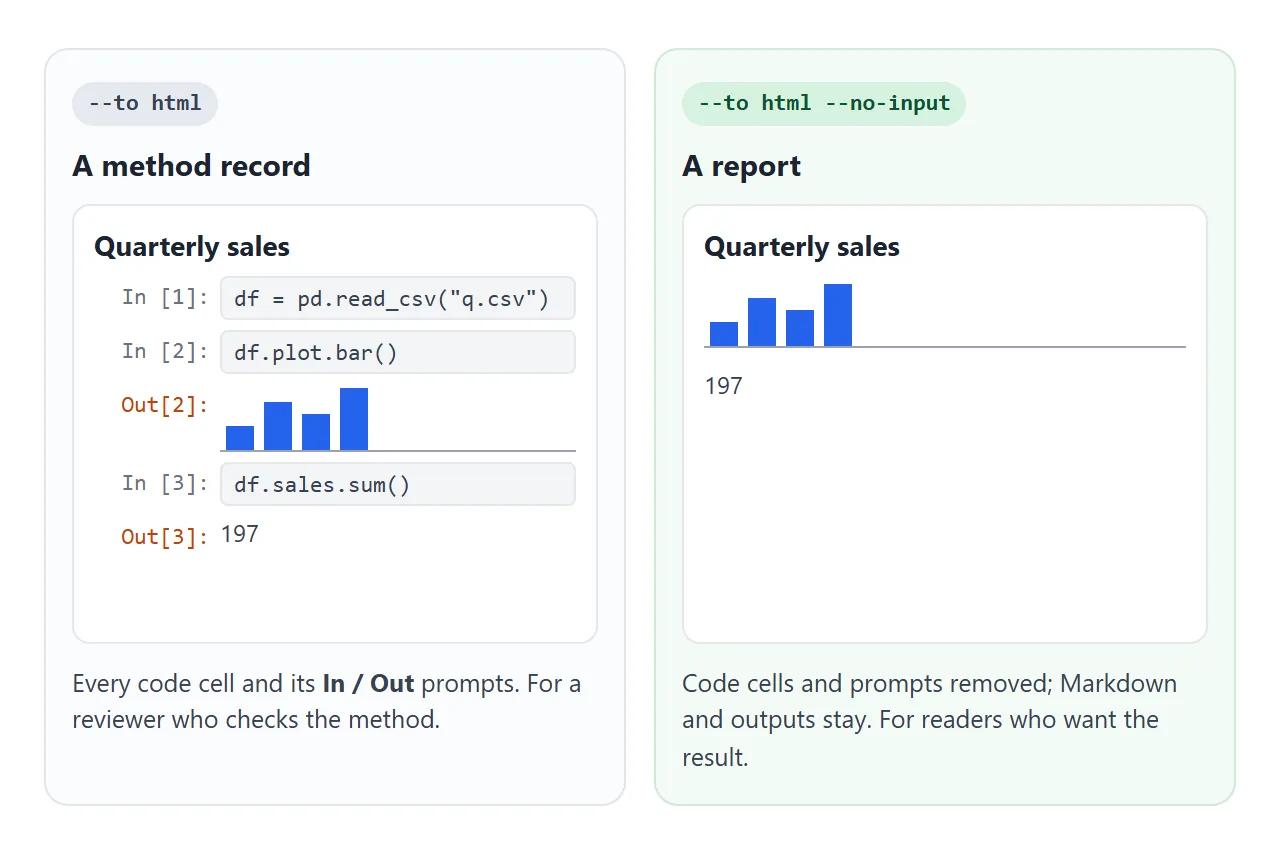 The default export keeps every code cell. --no-input keeps Markdown and outputs only.