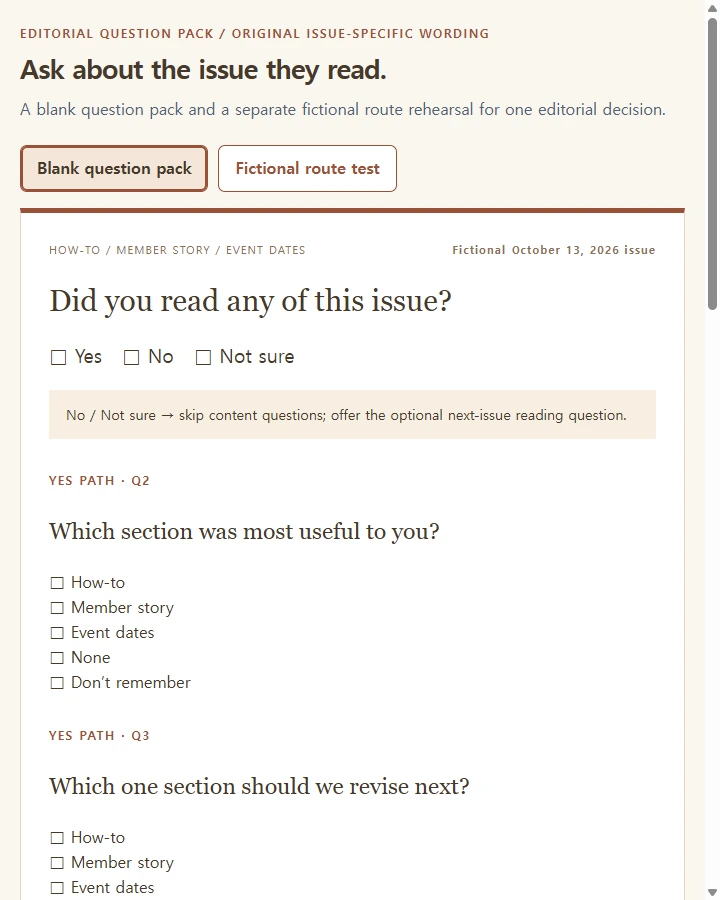Newsletter feedback • wording and route studio — Prepare issue-specific feedback questions with a read/not-read screening path, section-specific relevance choices and a bounded revision…