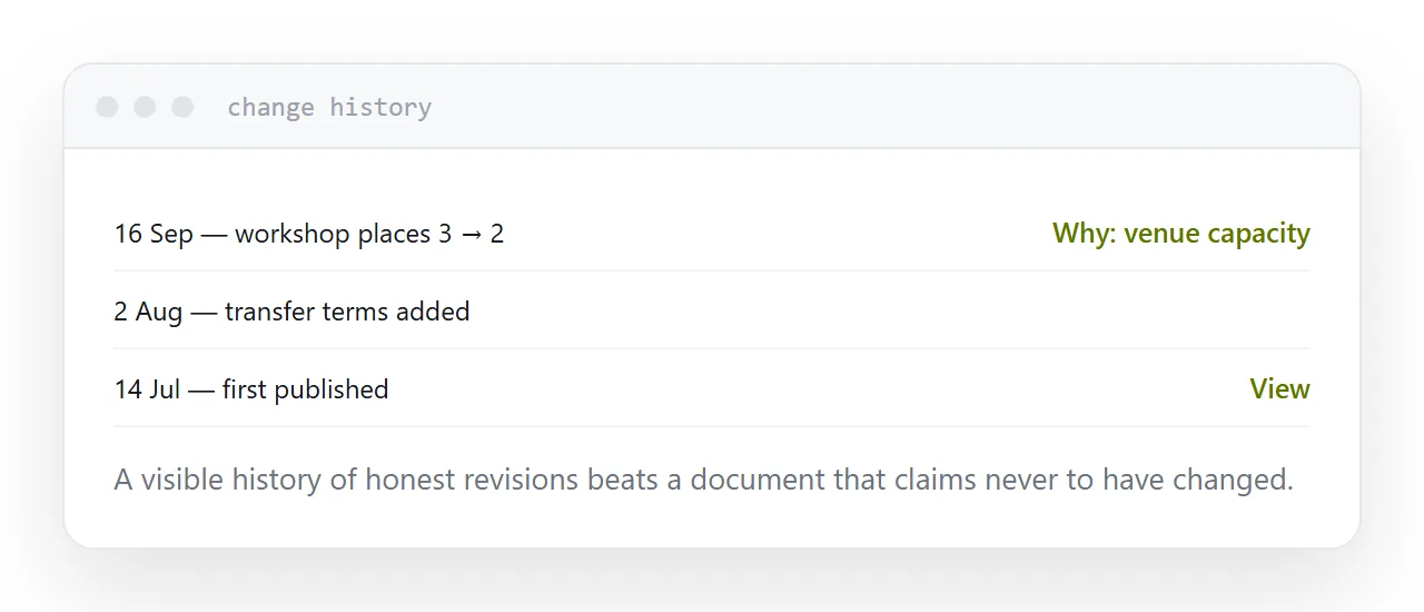 A dated change history at the end of a project document.