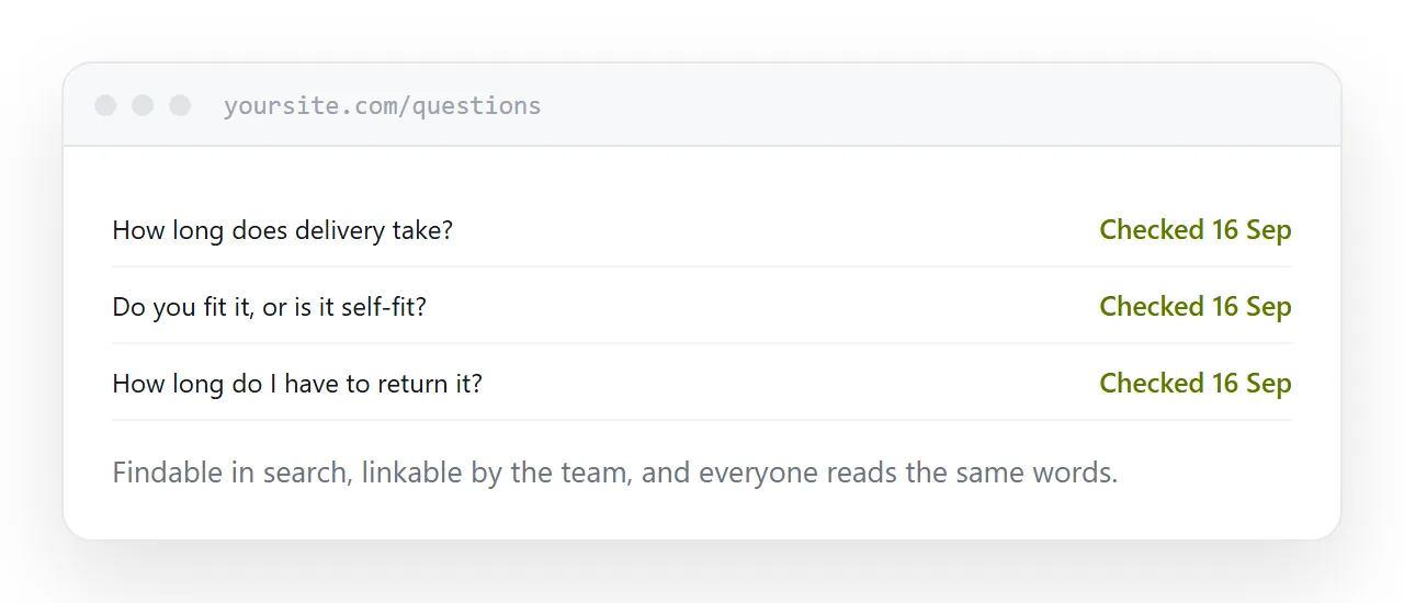 A questions page with dated answers, linked from the places people arrive.