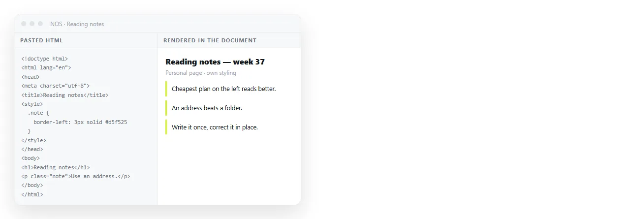A personal page rendering from pasted HTML, with its own styling intact.
