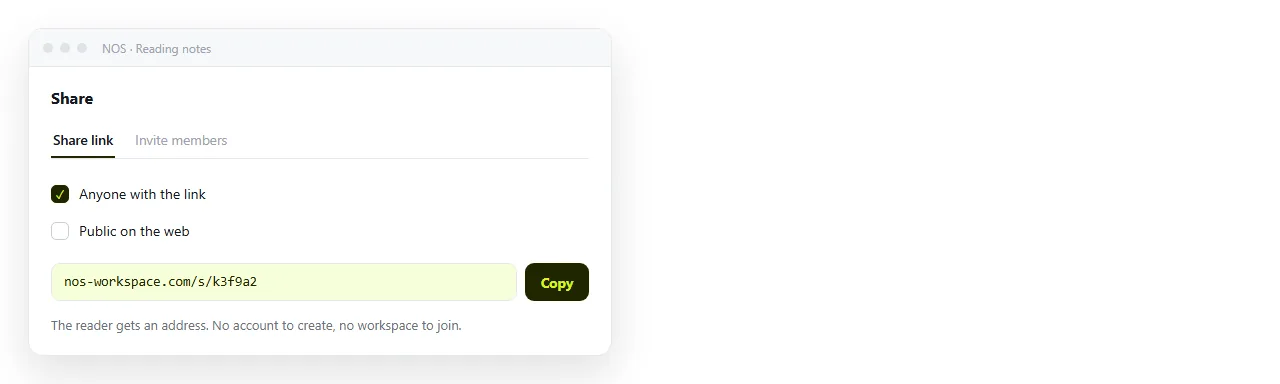 The Share link panel. The reader gets an address, not an account prompt.