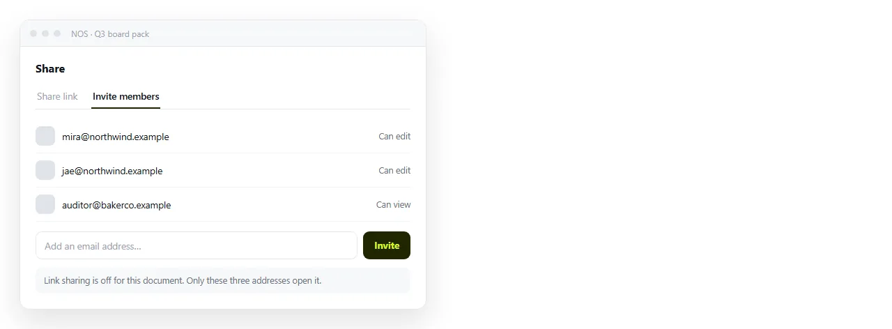 Named invitations on a document, for content that should not travel by link.