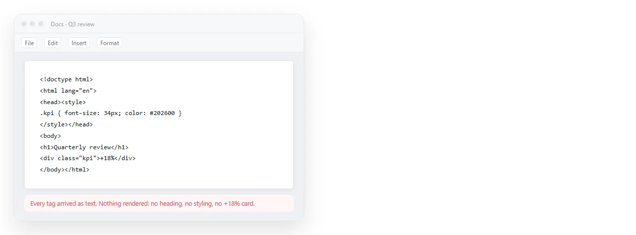 HTML pasted into a Google Doc, showing up as literal tags rather than a rendered page.
