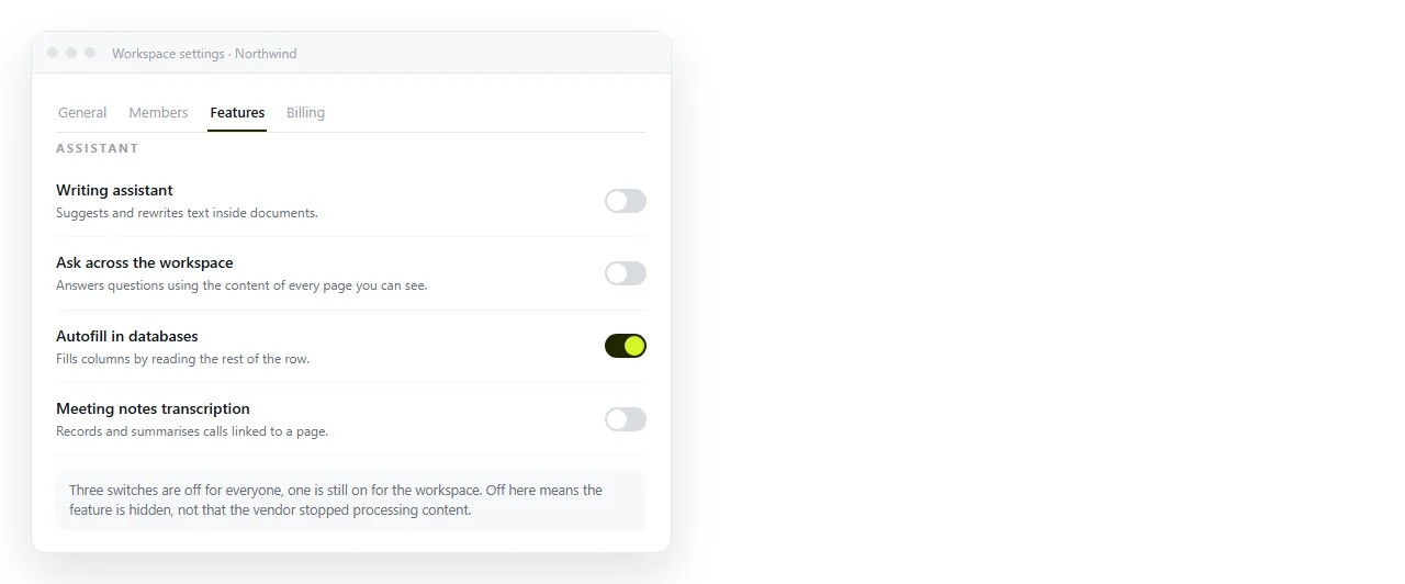 A workspace settings screen, where assistant features are switched on or off.