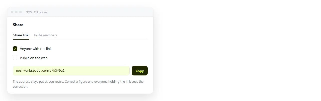 Creating the share link on the finished page. The address stays put as you revise.