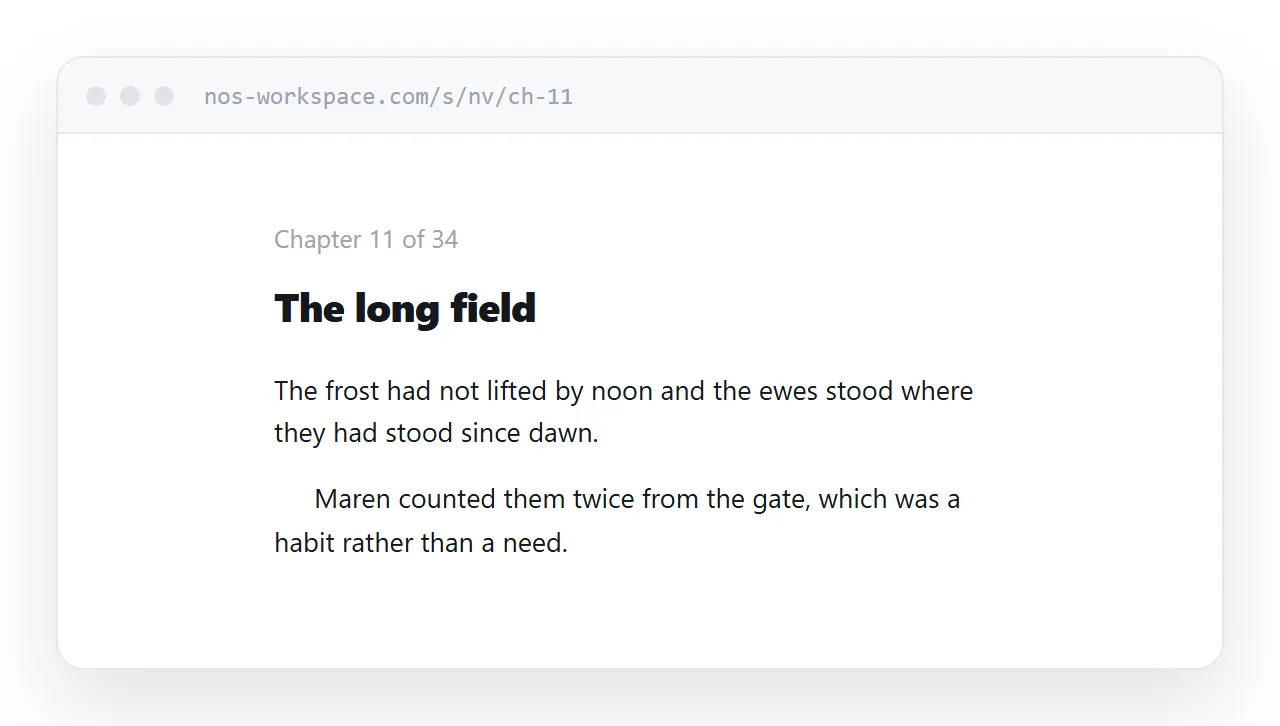 A novel chapter in a browser. Chapter heading above a narrow column of prose.