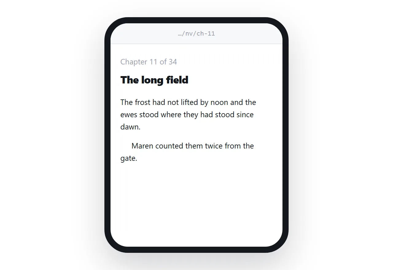A chapter on a phone. Indented paragraphs, chapter position shown at the top.