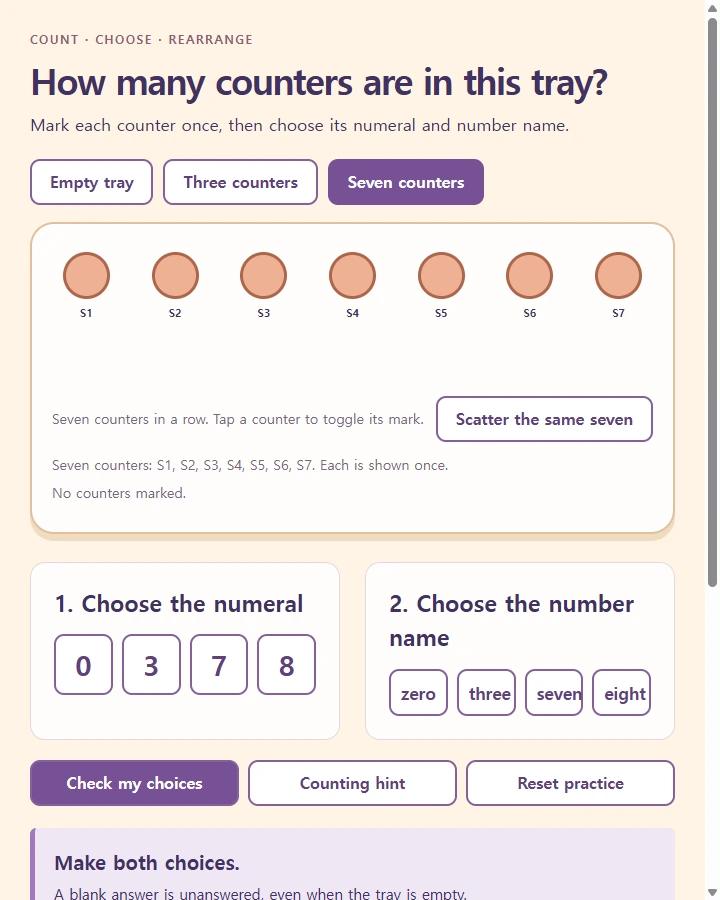 Same counters · number practice — Let learners connect a visible quantity to its numeral and written cardinal name, explaining why changing object arrangement does not…