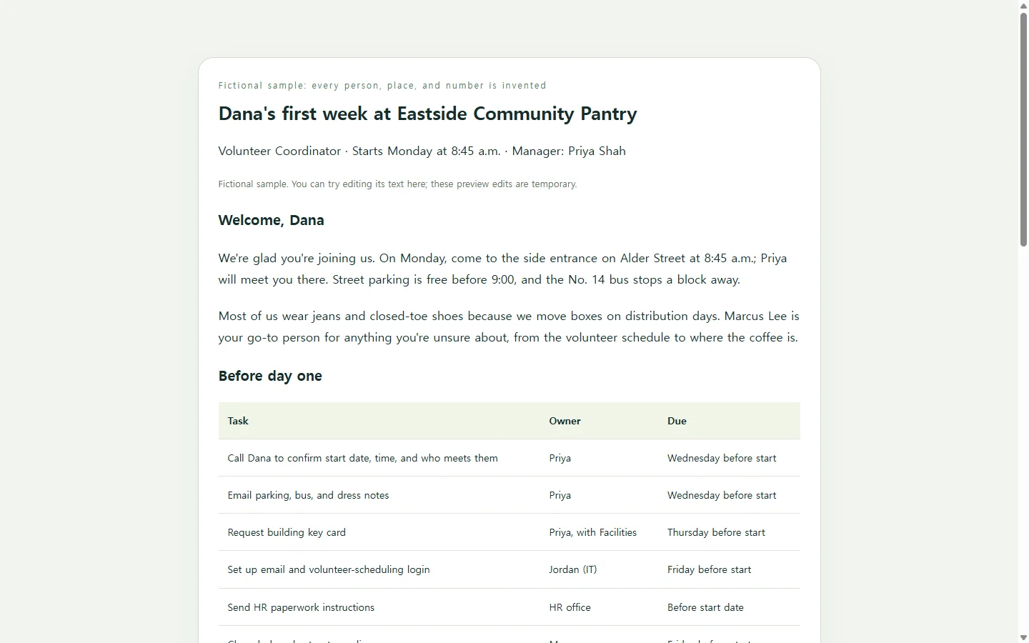 Dana's first week at Eastside Community Pantry — fictional sample
