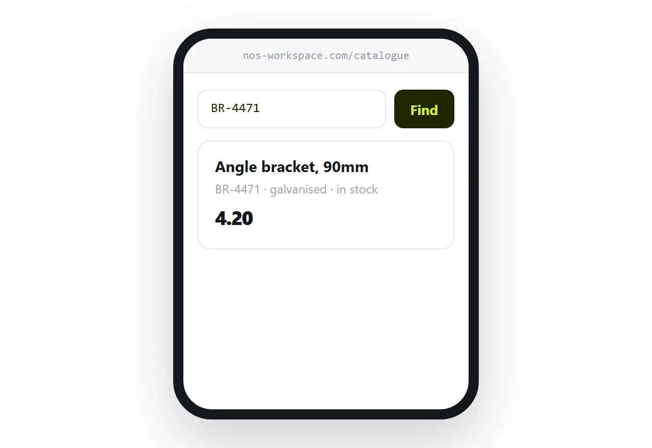 A catalogue page on a phone with a part number typed into the search box and one result showing.