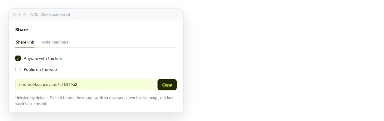 The share dialog with the link created. Unlisted, ready to paste beside the design work.