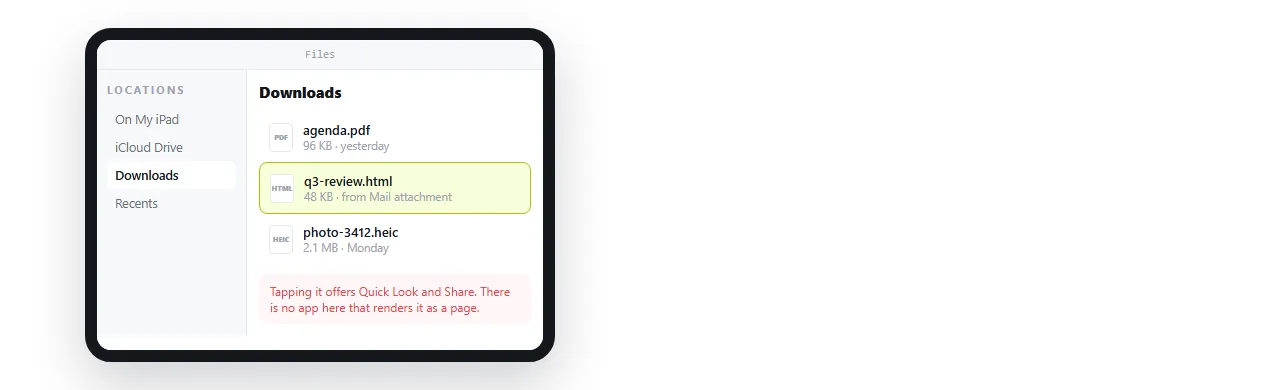 An .html file sitting in storage on an iPad after arriving as an attachment. It is a file, not a page.