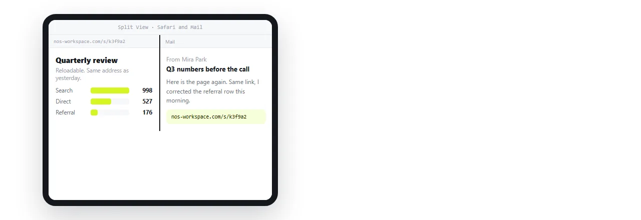 The shared page open in Safari beside another app on the iPad. Same address, reloadable.