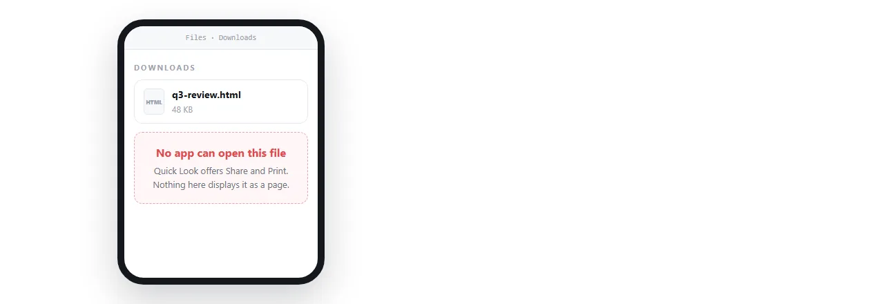 The .html attachment saved on an iPhone. It is in storage, and nothing offered to display it.