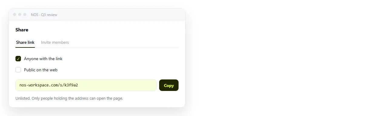 The share dialog with a link created. Unlisted, so only people holding it can open the page.