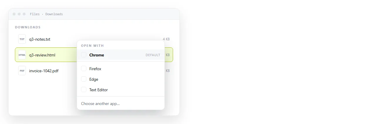 The Open with menu on an .html file, with a text editor listed below the browsers.