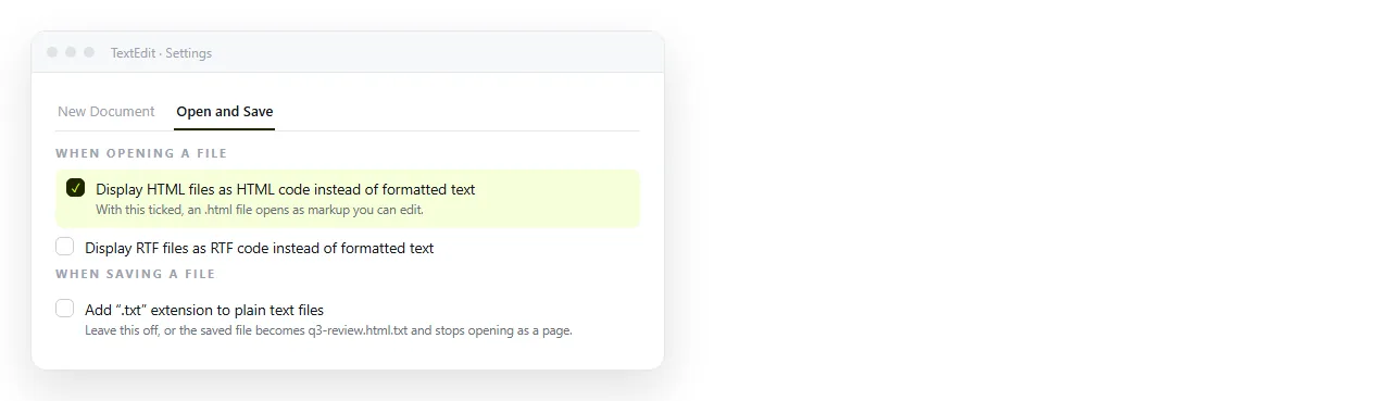 TextEdit settings with the option to display HTML files as code rather than as a formatted page.
