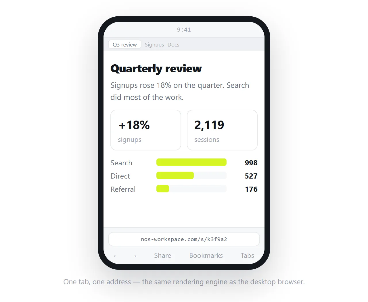 A Safari tab on iPhone with a rendered page. Same engine as the desktop, pointed at an address.