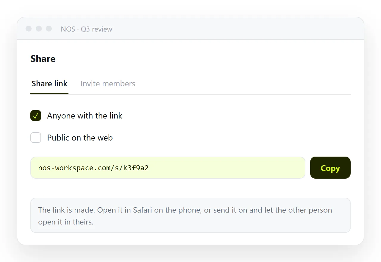 The share dialog with a link created, ready to open in Safari or send on.