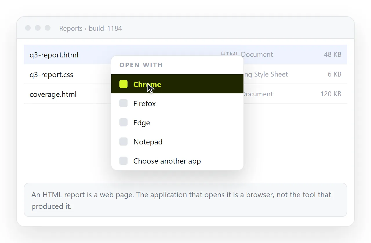 An HTML report file with the Open with menu showing browsers as the choice.