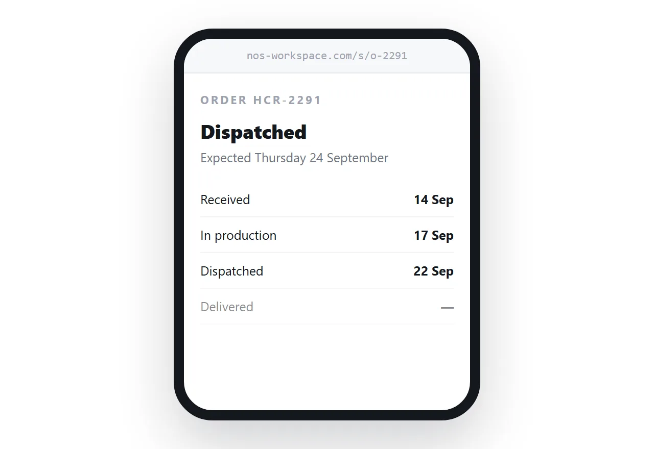 An order page on a phone. Current stage at the top, then items, total and expected date.
