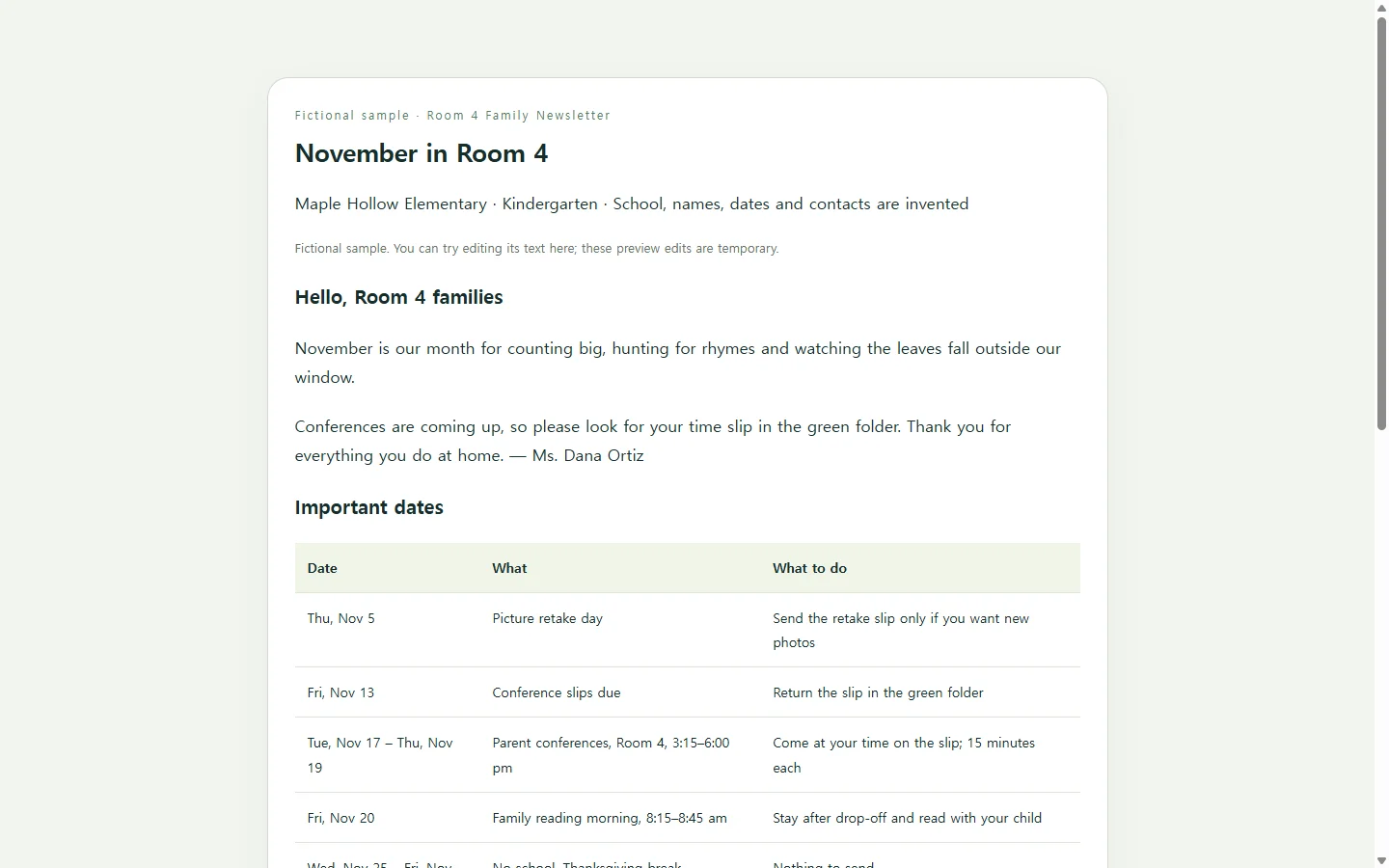 November in Room 4 — fictional sample