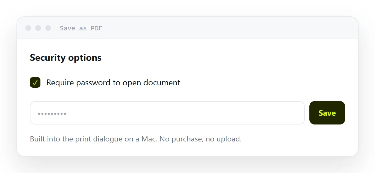 A save dialogue with an encryption option and a password field.