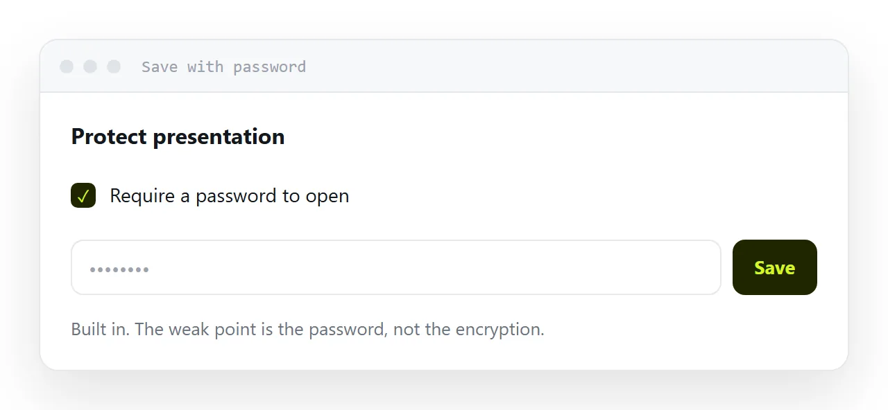 A save dialogue with an encryption option and a password field.