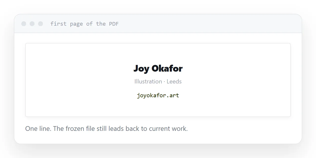 The first page of a portfolio PDF with a personal address printed on it.