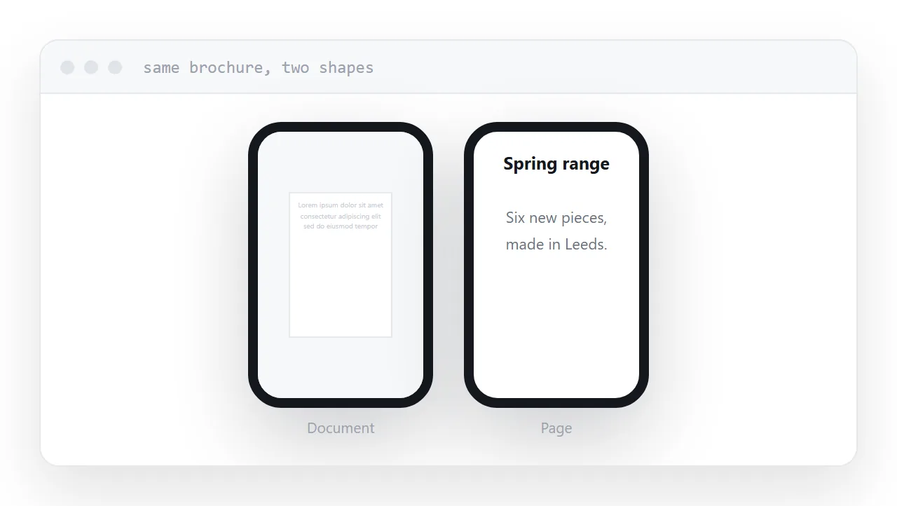 The same brochure as a document on a phone and as a page on a phone, side by side.