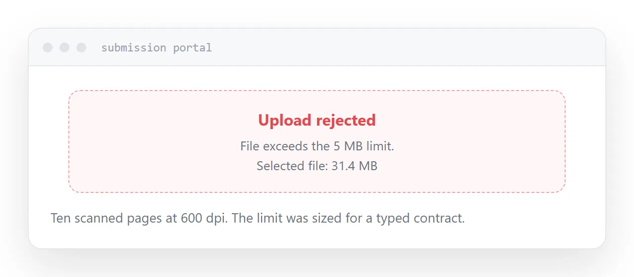 A portal rejecting a 31 MB upload against a 5 MB limit.
