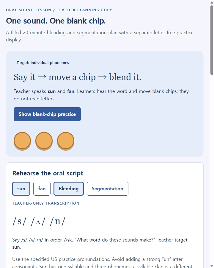 Listening lesson • oral sounds — Plan teacher-led spoken-word blending and segmentation, with an explicit sound unit, materials, scaffolds and actual observation blanks.