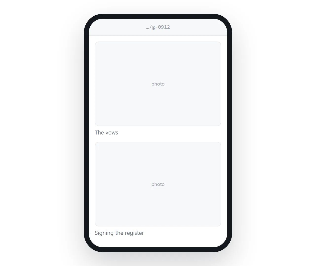 The same gallery on a phone. A single column of images with captions, loading as it scrolls.