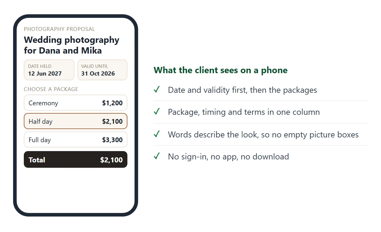 What the client sees on a phone: dates first, then packages, then the total.