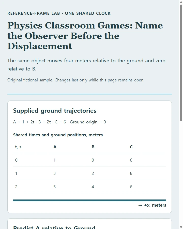 Physics Classroom Games: Name the Observer Before the Displacement