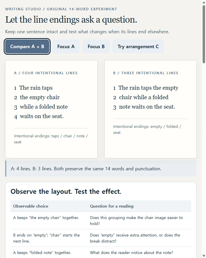 Lineation studio • poetry planning — Plan a concrete image, preserve a fixed word sequence across two lineation trials, record line-ending choices and actual reader…
