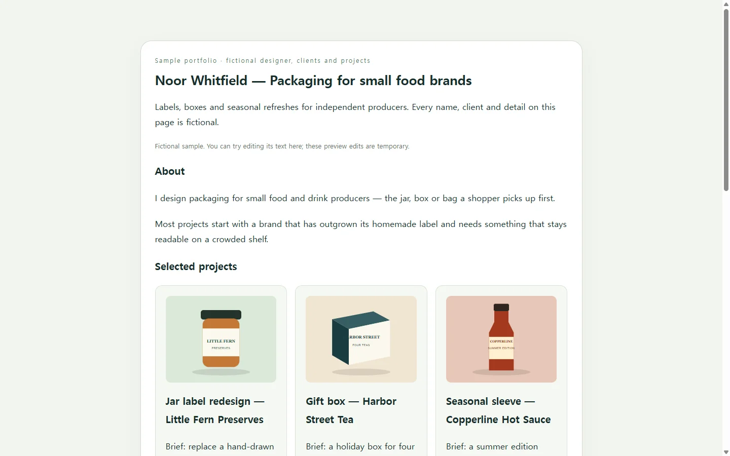Noor Whitfield — Packaging for small food brands — fictional sample