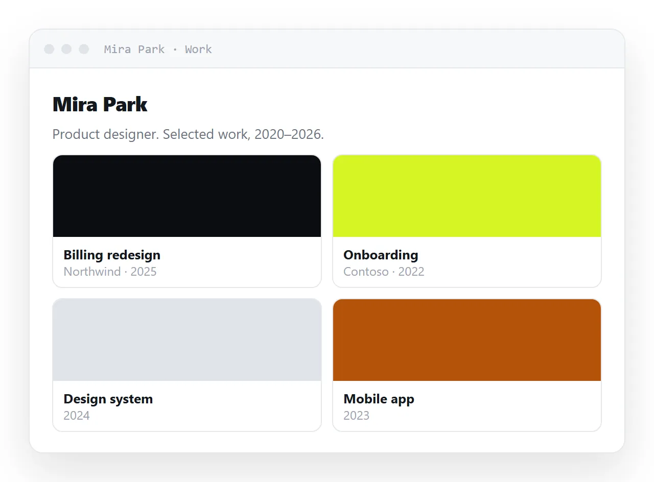 An HTML portfolio template: four pieces, one line each, images resized to the width they are shown at.