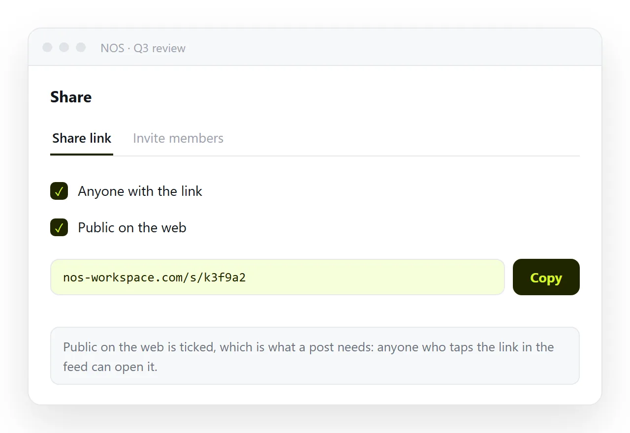 The share panel with the link created and Public on the web ticked for a public post.