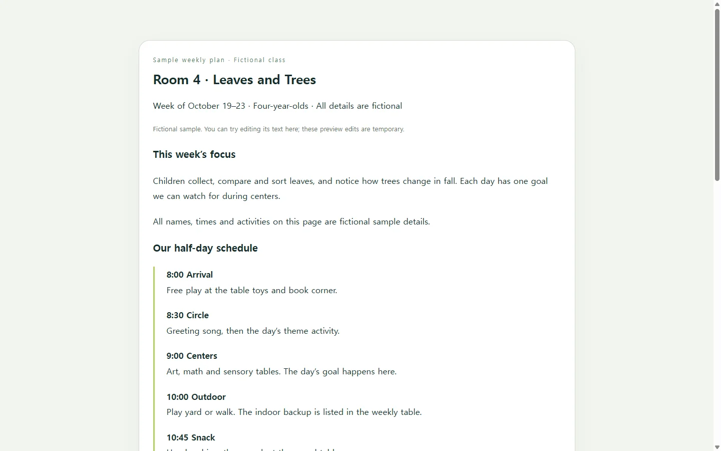 Room 4 · Leaves and Trees — fictional sample