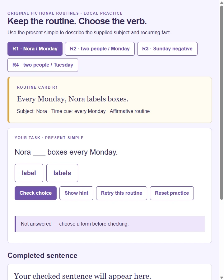 Workshop Routines · Present Simple — Build affirmative and negative descriptions of supplied recurring routines while preserving the subject, time context and…