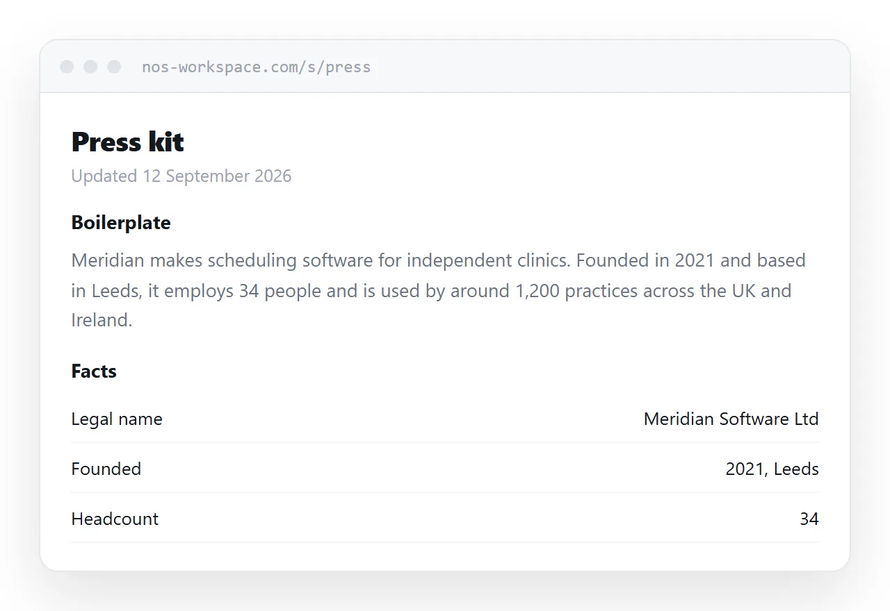 A press kit page. A quotable paragraph, a facts list, and logo downloads underneath.