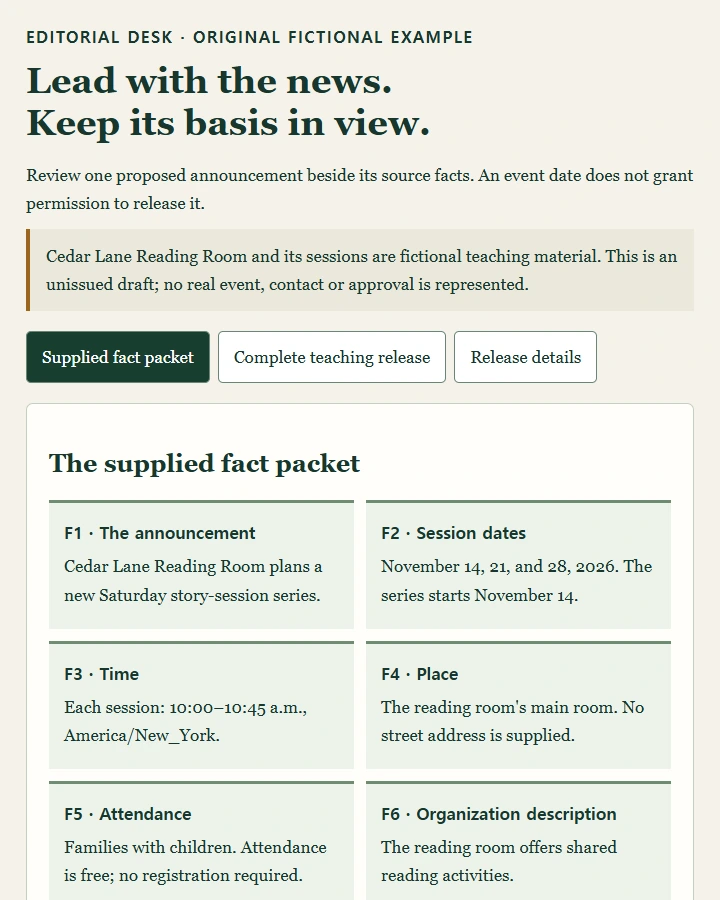 A fictional Saturday story-session release, its source facts, and a promotional headline revised to match them