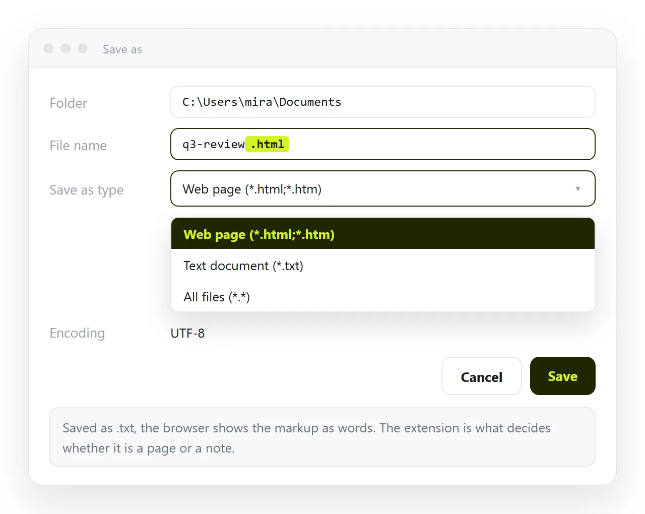 A text editor saving a file with the .html extension selected, not .txt.