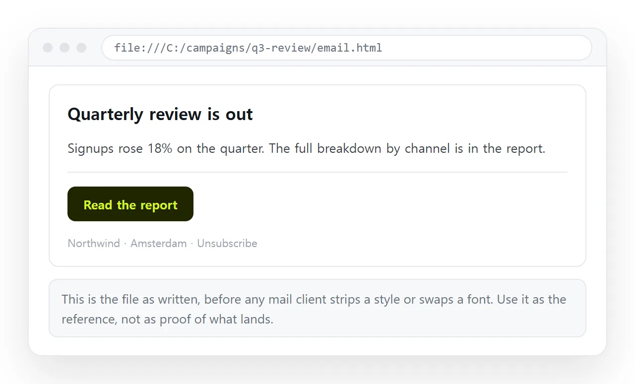The email HTML rendered in a browser, showing the content before any client filter touches it.