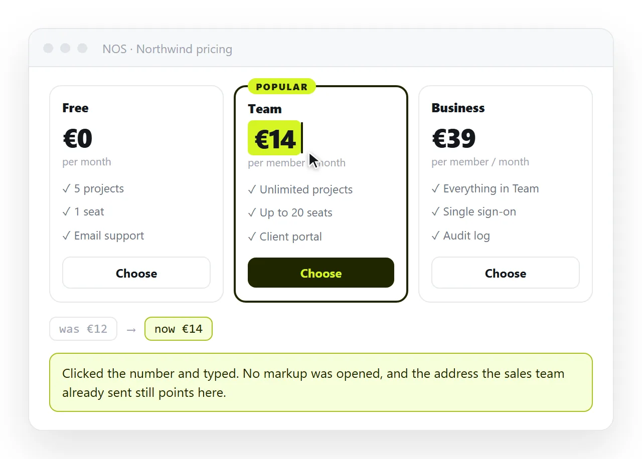 Clicking a price in the document to correct it, with no markup open.